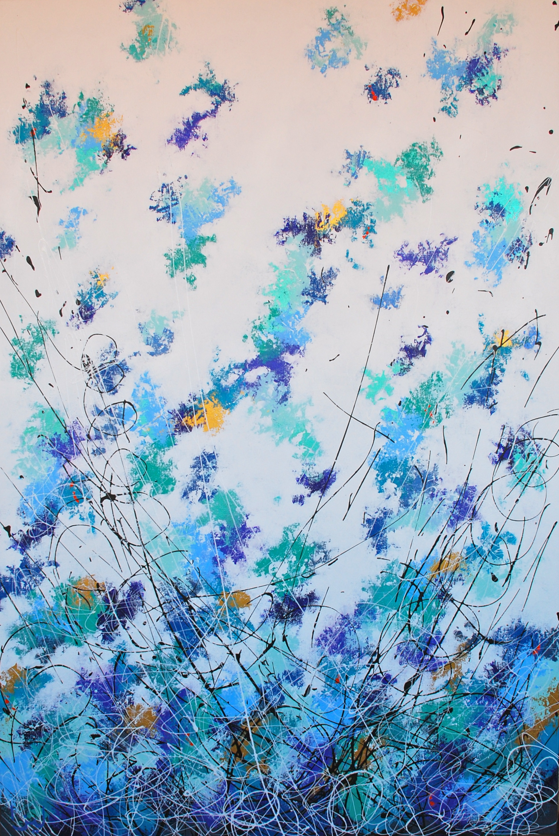 La toile "Winter" dévoile des couleurs froides pour évoquer les rigueurs d'un hiver neigeux. Mais les touches de rouge et d'or délicatement parsemées rassurent sur la persistance de la Vie même lorsque tout semble mort. Cette série est l'occasion pour l'artiste d'illustrer la parfaite résonance entre l'humain et la Nature qui l'entoure. Tout ce qui est vivant répond à des étapes de mort, puis de renaissance. Ainsi cela s'étend bien au delà de la simple observation de la Nature mais elle nous emmène plus loin, vers une réflexion sur le parcours cyclique de la vie, fait de période sombres, de renoncement puis de renaissance. Le blanc se nourrit bien souvent du noir..